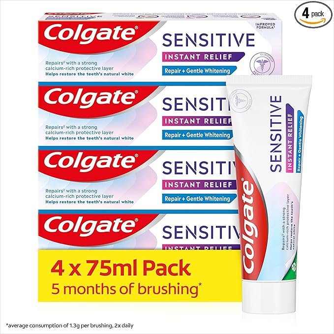 Colgate Sensitive Instant Relief Repair + Gentle Whitening Toothpaste | Instant* and Long-Lasting** Sensitivity Relief | Protective Layer with Calcium** | Fluoride Toothpaste | 4 Pack, 75ml Tubes